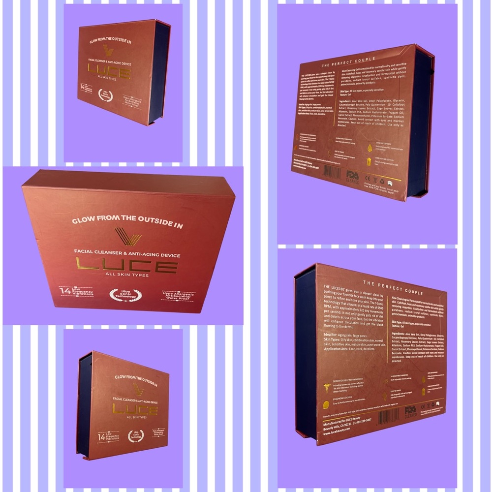 LUCE180° Facial Cleansing Anti-Aging Device & aloe cleansing gel in Burgundy NIB